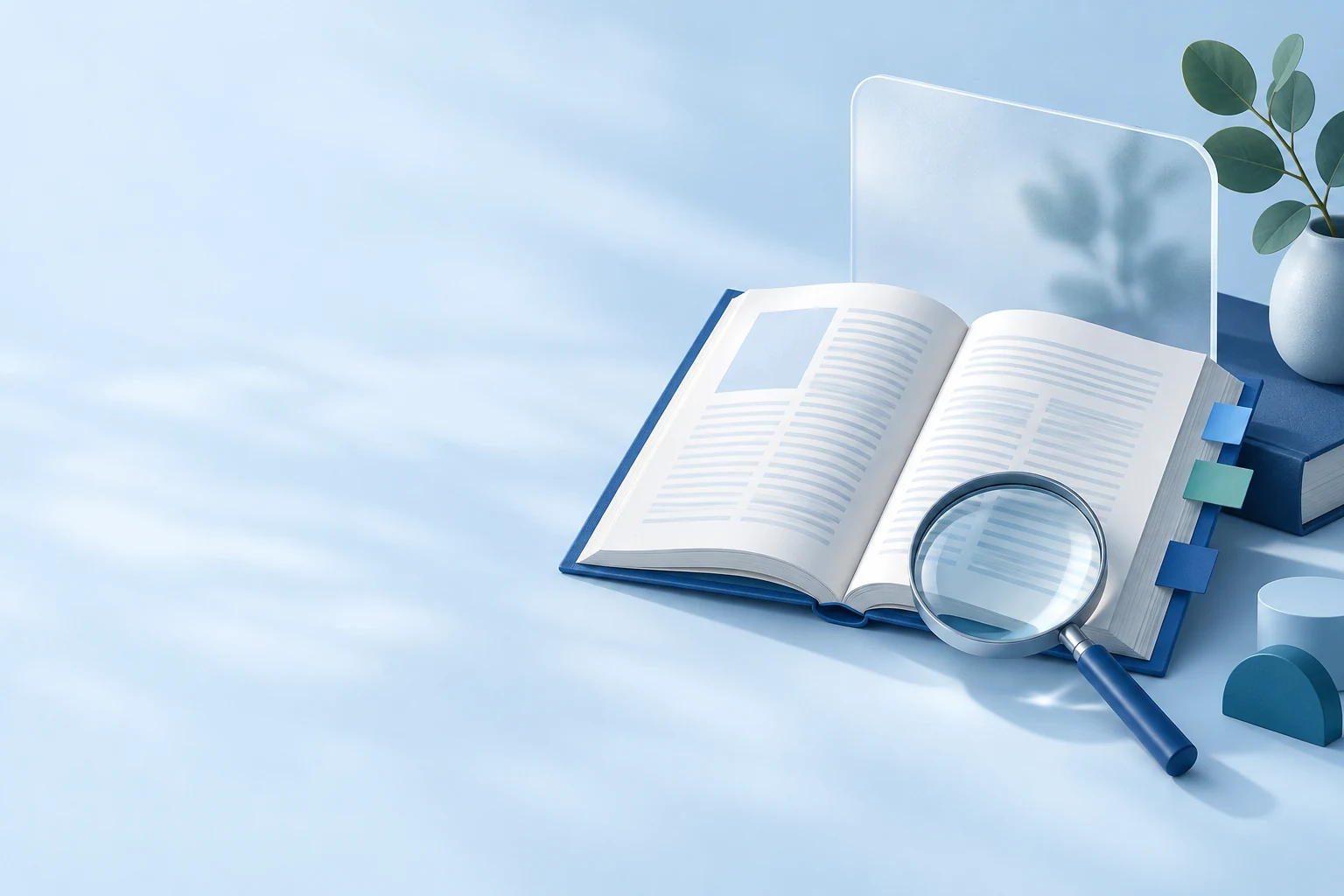 Open reference book and magnifying glass